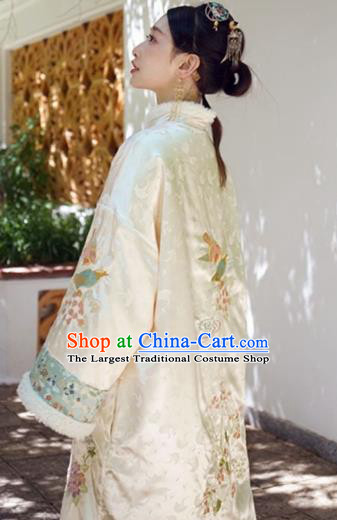 Chinese Traditional Tang Suit White Cotton Padded Coat National Costume Republic of China Qipao Upper Outer Garment for Women