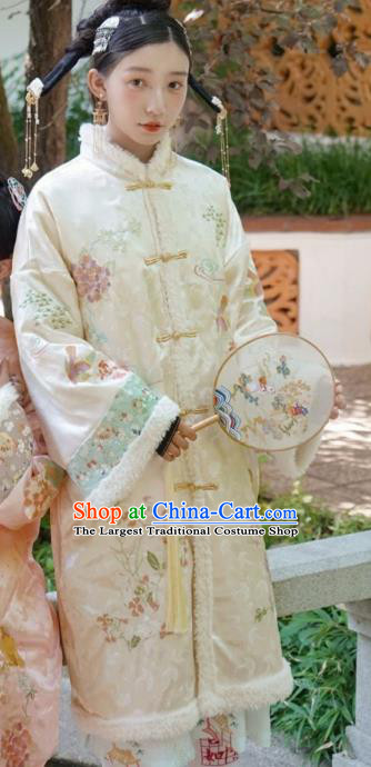 Chinese Traditional Tang Suit White Cotton Padded Coat National Costume Republic of China Qipao Upper Outer Garment for Women