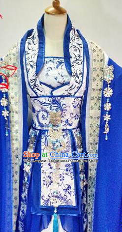 Chinese Traditional Cosplay Goddess Royalblue Costume Ancient Royal Princess Hanfu Dress for Women