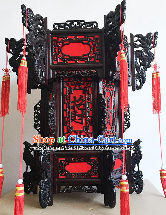 Chinese Traditional New Year Ebony Carving Dragons Palace Lantern Asian Handmade Lantern Ancient Lamp