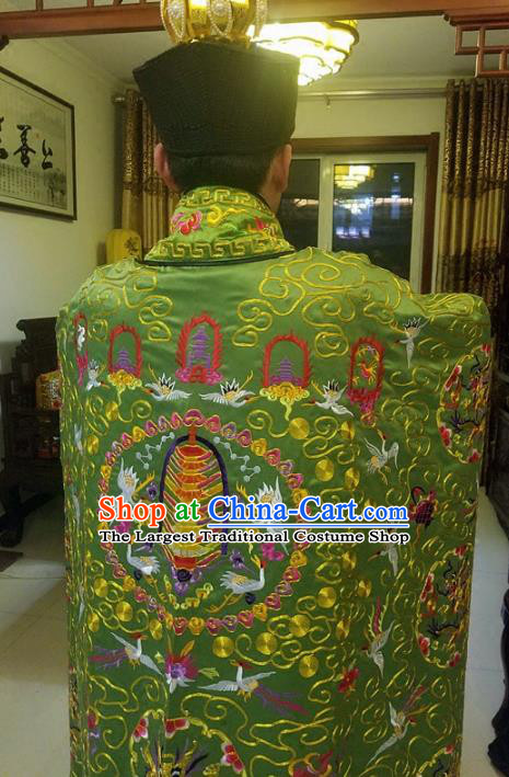 Chinese Traditional Taoism Costume Ancient Taoist Priest Cassocks Embroidered Crane Green Vestment