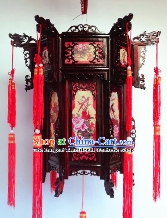 Chinese Traditional Handmade Printing Peony Birds Carving Rosewood Palace Lantern Asian New Year Lantern Ancient Lamp