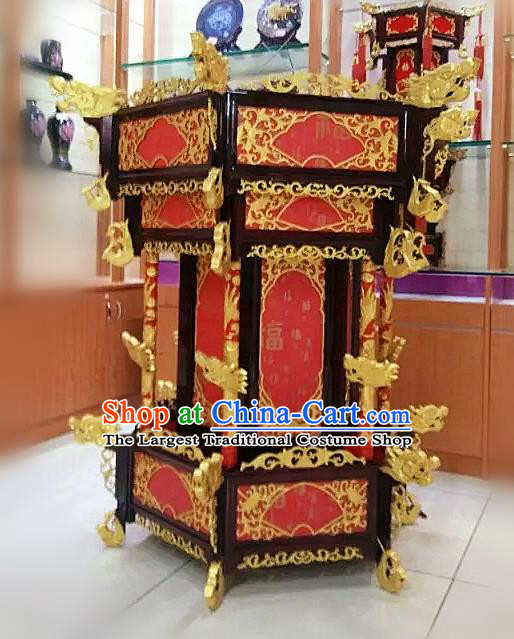 Chinese Traditional Handmade Carving Golden Dragons Wood Palace Lantern Asian New Year Red Lantern Ancient Ceiling Lamp