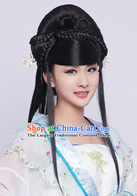 Chinese Ancient Princess Black Long Wigs Traditional Tang Dynasty Nobility Lady Wig Sheath Headwear for Women