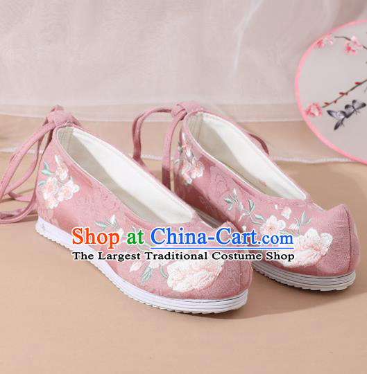 Chinese National Embroidered Peach Blossom Pink Shoes Ancient Traditional Princess Shoes Hanfu Shoes for Women