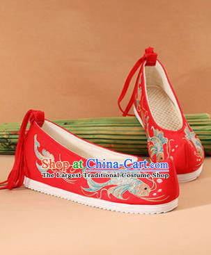 Chinese National Embroidered Carps Red Shoes Ancient Traditional Princess Shoes Wedding Hanfu Shoes for Women