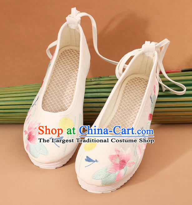 Traditional Chinese National Embroidered Lotus White Shoes Ancient Princess Shoes Handmade Hanfu Shoes for Women