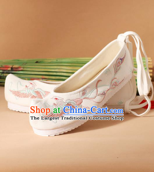Traditional Chinese National Embroidered Phoenix White Shoes Ancient Princess Shoes Handmade Hanfu Shoes for Women