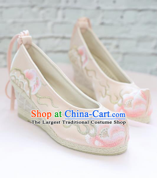 Traditional Chinese National Embroidered Peony High Heels Pink Shoes Ancient Princess Shoes Handmade Hanfu Shoes for Women