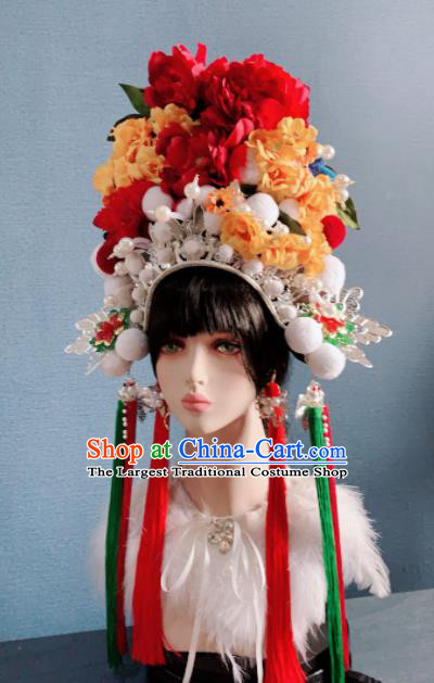 Traditional Chinese Deluxe Red Peony Phoenix Coronet Hair Accessories Halloween Stage Show Headdress for Women