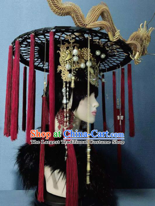 Traditional Chinese Deluxe Palace Golden Dragon Tassel Hat Hair Accessories Halloween Stage Show Headdress for Women