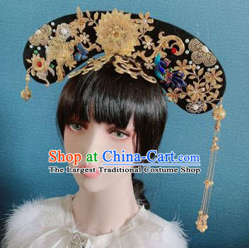 Traditional Chinese Deluxe Qing Dynasty Golden Peony Phoenix Coronet Hair Accessories Halloween Stage Show Headdress for Women