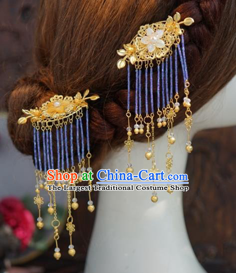 Traditional Chinese Handmade Hair Accessories Ancient Hanfu Blue Beads Tassel Hair Combs for Women