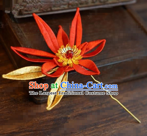 Traditional Chinese Handmade Court Red Flower Hairpins Hair Accessories Ancient Hanfu Hair Clip for Women