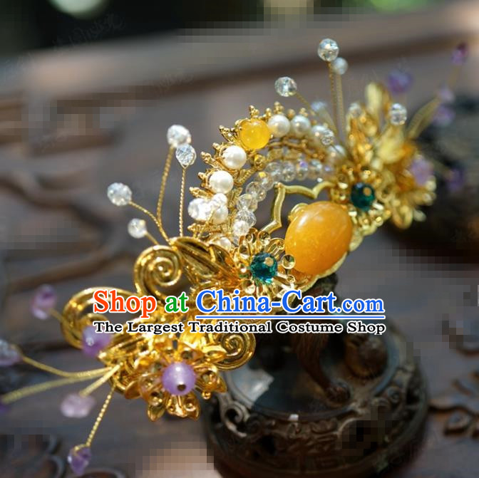 Traditional Chinese Handmade Court Golden Hair Crown Hairpins Hair Accessories Ancient Hanfu Hair Clip for Women