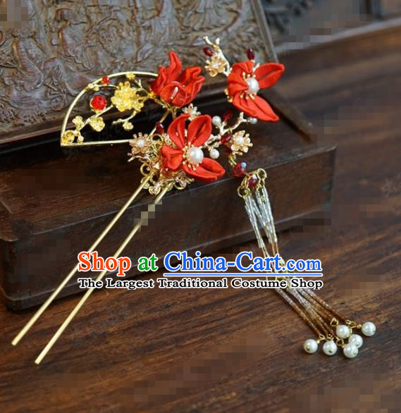Traditional Chinese Handmade Court Red Maple Leaf Plum Tassel Hairpins Hair Accessories Ancient Hanfu Hair Clip for Women