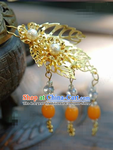 Traditional Chinese Handmade Court Golden Leaf Tassel Hairpins Hair Accessories Ancient Hanfu Hair Clip for Women