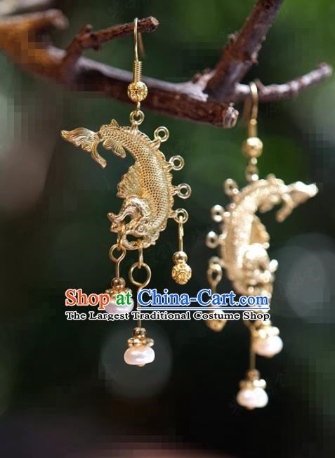 Traditional Chinese Handmade Court Golden Dragonfish Ear Accessories Ancient Princess Earrings for Women