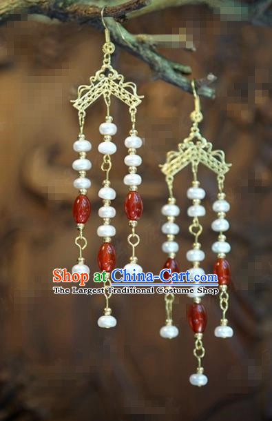 Traditional Chinese Handmade Court Agate Pearls Tassel Ear Accessories Ancient Princess Earrings for Women