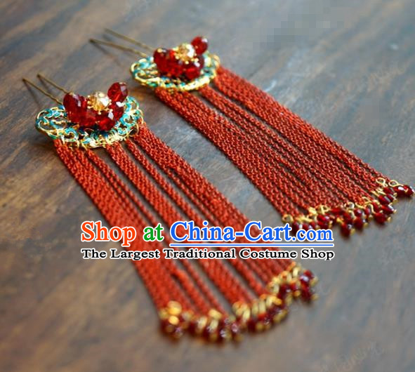 Traditional Chinese Ancient Queen Red Tassel Cloisonne Hair Clip Handmade Hanfu Court Hairpins Hair Accessories for Women