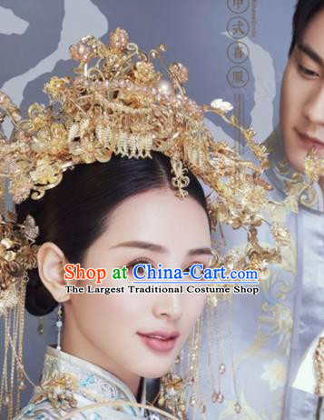 Traditional Chinese Wedding Hair Accessories Golden Phoenix Coronet Ancient Bride Hairpins Complete Set for Women