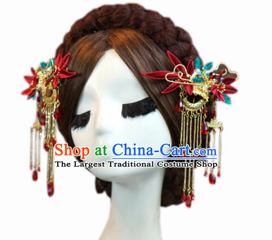 Traditional Chinese Handmade Court Maple Leaf Hairpins Hair Accessories Ancient Queen Hanfu Tassel Hair Clip for Women