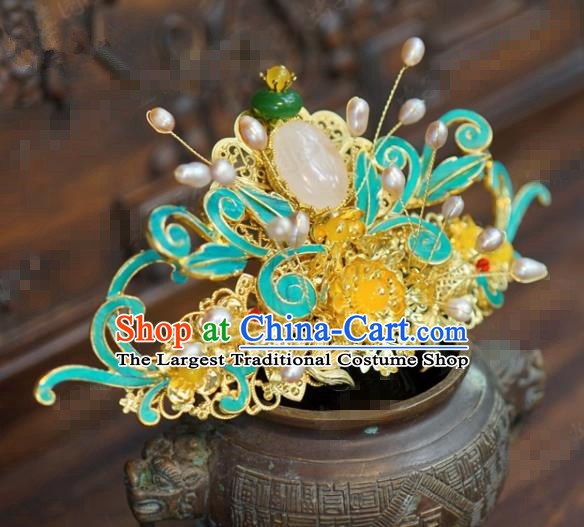 Traditional Chinese Ancient Bride Pearls Hair Crown Handmade Hanfu Court Queen Hairpins Hair Accessories for Women