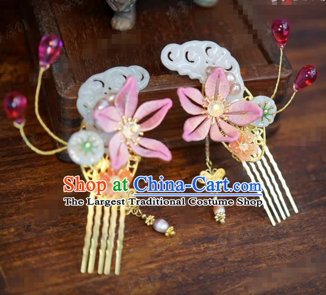 Traditional Chinese Ancient Bride Jade Hair Combs Hanfu Court Queen Hairpins Handmade Hair Accessories for Women
