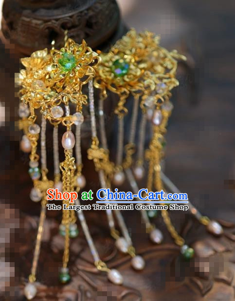 Traditional Chinese Handmade Court Golden Lotus Tassel Hairpins Hair Accessories Ancient Hanfu Hair Clip for Women