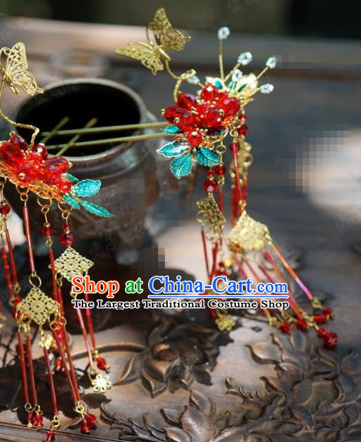 Traditional Chinese Handmade Court Red Flower Tassel Hairpins Hair Accessories Ancient Hanfu Hair Clip for Women