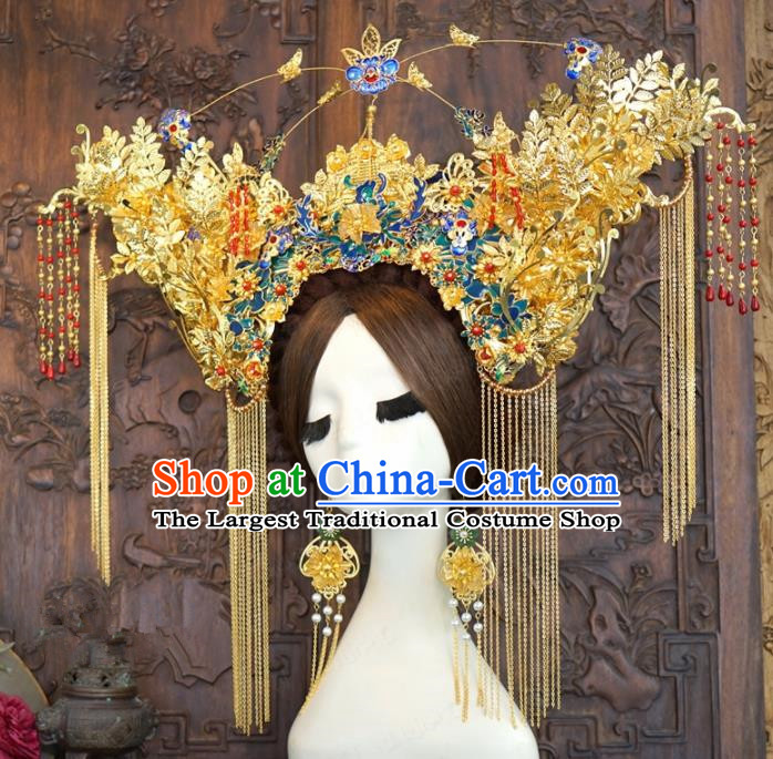 Traditional Chinese Wedding Hair Accessories Ancient Bride Cloisonne Phoenix Coronet Hairpins Complete Set for Women