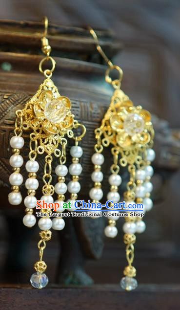 Traditional Chinese Handmade Court Ear Accessories Ancient Princess Pearls Tassel Golden Earrings for Women