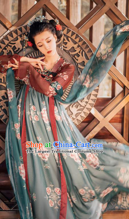 Traditional Chinese Tang Dynasty Palace Princess Replica Costumes Ancient Court Consort Green Hanfu Dress for Women
