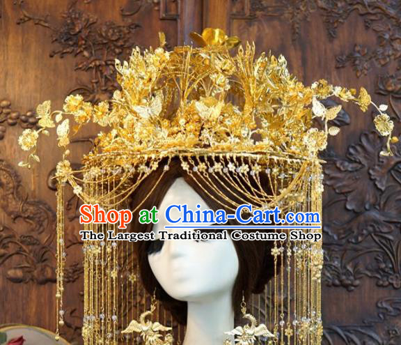 Traditional Chinese Wedding Luxury Golden Butterfly Phoenix Coronet Hair Accessories Ancient Bride Tassel Hairpins Complete Set for Women