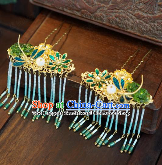 Traditional Chinese Ancient Bride Dragonfly Tassel Hair Clip Hanfu Court Queen Hairpins Handmade Hair Accessories for Women
