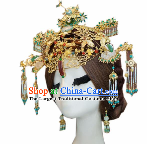 Traditional Chinese Wedding Luxury Agate Phoenix Coronet Hair Accessories Ancient Bride Hairpins Complete Set for Women