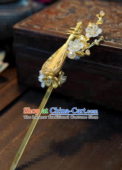 Traditional Chinese Ancient Bride Golden Lute Hair Clip Hanfu Court Queen Hairpins Handmade Hair Accessories for Women