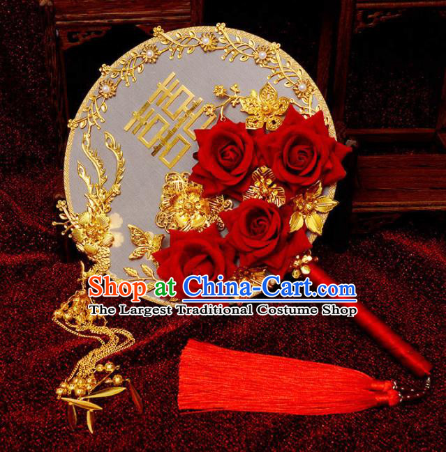 Traditional Chinese Handmade Court Wedding Red Roses Round Fans Ancient Bride Palace Fan Accessories for Women