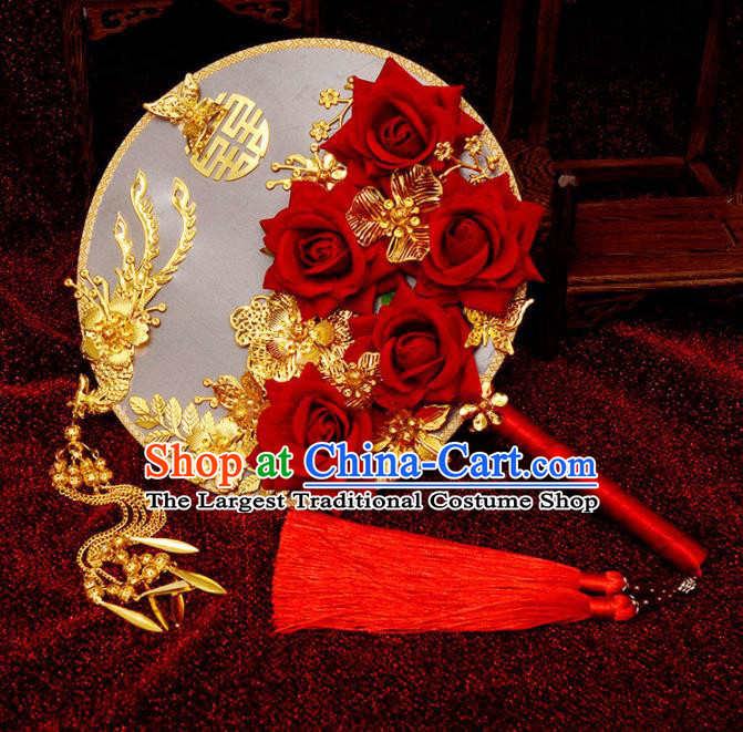 Traditional Chinese Handmade Court Wedding Round Fans Ancient Bride Red Roses Palace Fan for Women