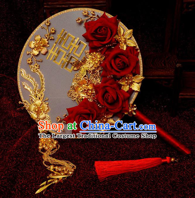 Traditional Chinese Handmade Court Wedding Phoenix Round Fans Ancient Bride Red Roses Palace Fan for Women