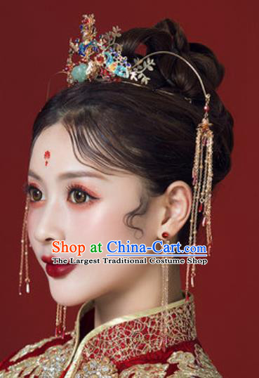 Traditional Chinese Wedding Lotus Phoenix Coronet Hair Accessories Ancient Bride Tassel Hairpins Complete Set for Women