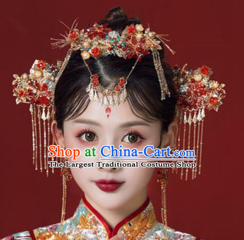 Traditional Chinese Wedding Court Hair Crown Hair Accessories Ancient Bride Tassel Hairpins Complete Set for Women