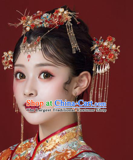 Traditional Chinese Wedding Court Hair Crown Hair Accessories Ancient Bride Tassel Hairpins Complete Set for Women