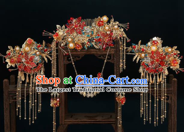 Traditional Chinese Wedding Court Hair Crown Hair Accessories Ancient Bride Tassel Hairpins Complete Set for Women