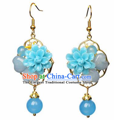 Traditional Chinese Classical Blue Flower Earrings Handmade Court Ear Accessories for Women