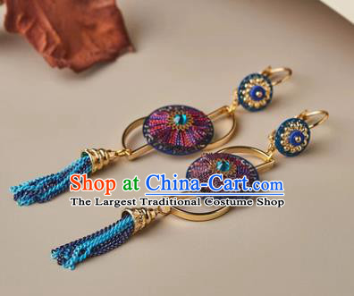 Traditional Chinese Handmade Court Ear Accessories Classical Blue Tassel Earrings for Women