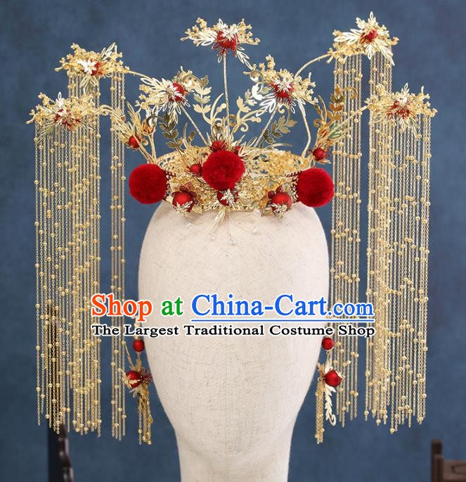 Traditional Chinese Wedding Golden Tassel Phoenix Coronet Handmade Ancient Bride Hairpins Hair Accessories Complete Set