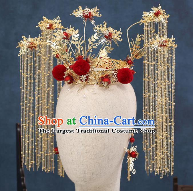 Traditional Chinese Wedding Golden Tassel Phoenix Coronet Handmade Ancient Bride Hairpins Hair Accessories Complete Set