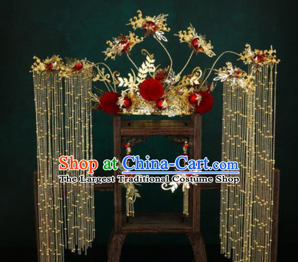 Traditional Chinese Wedding Golden Phoenix Coronet Hair Accessories Ancient Bride Tassel Hairpins Complete Set for Women