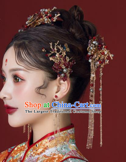 Traditional Chinese Wedding Court Red Beads Hair Comb Hair Accessories Ancient Bride Tassel Hairpins Complete Set